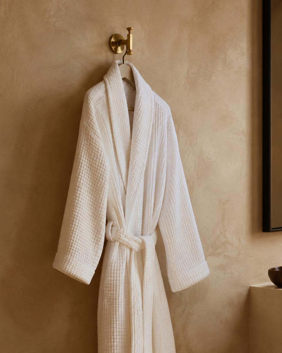White waffle bathrobe on a brass hook