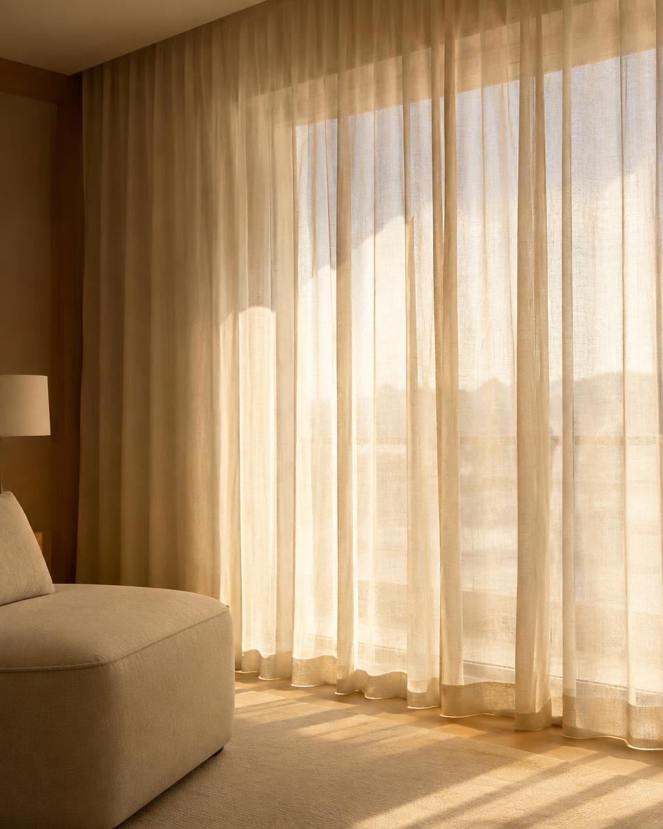 Sheer linen curtains filtering sunlight
