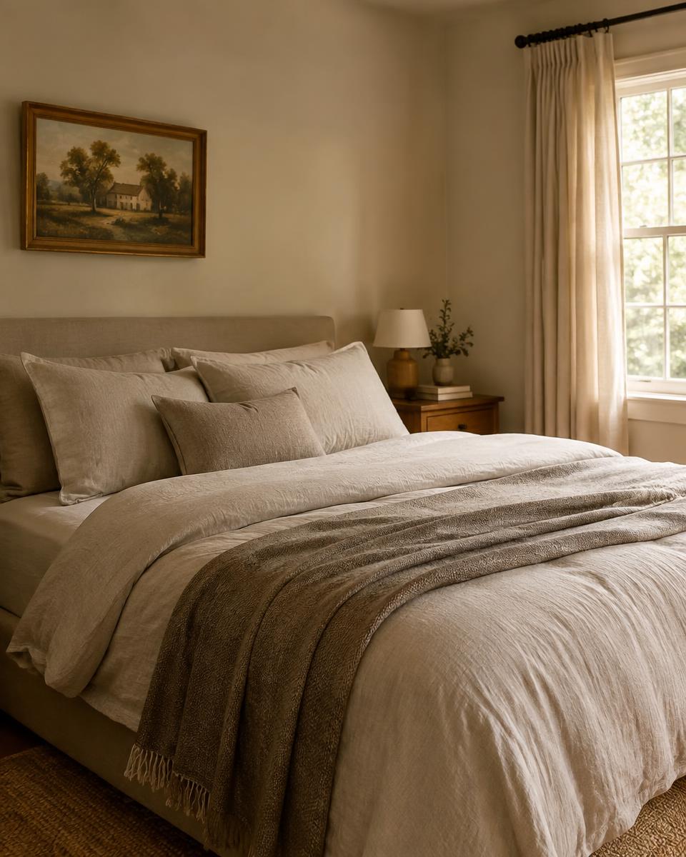 Bedroom with oatmeal linen bedding