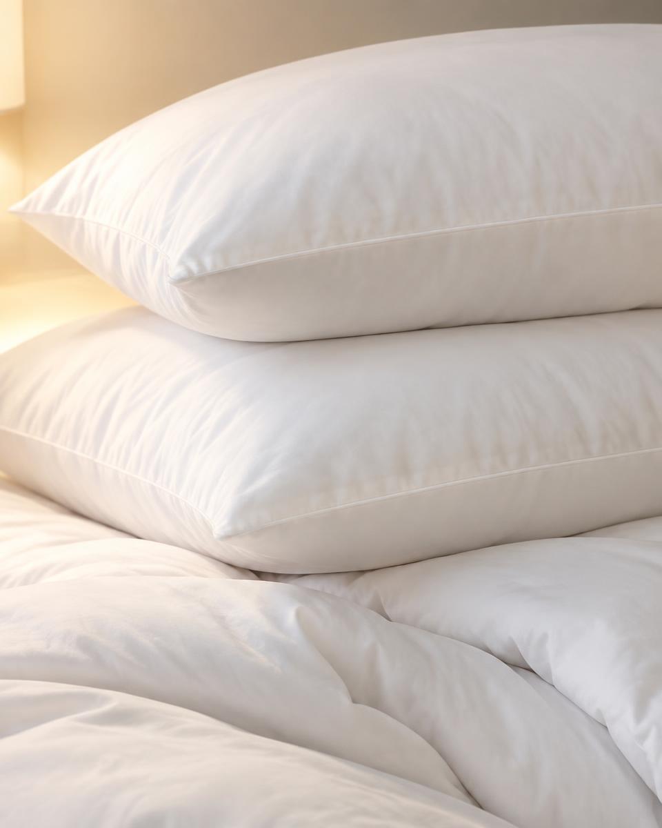 Stacked white pillows on a soft duvet