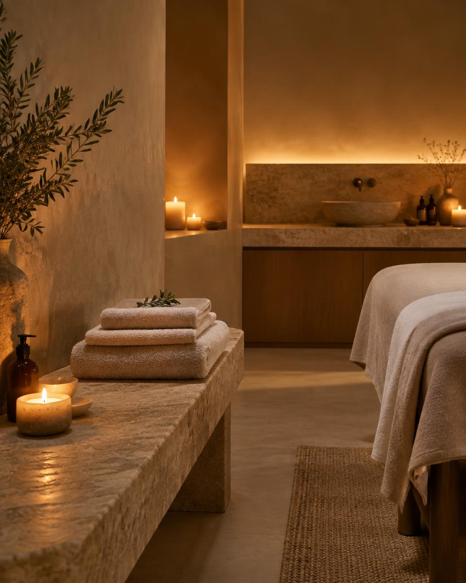 Folded towels on a stone bench in a spa