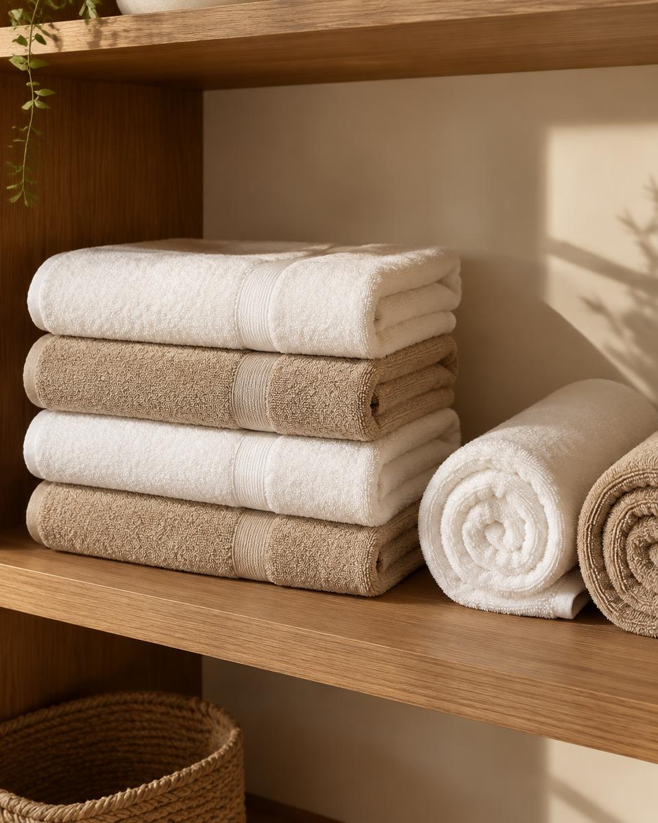 Folded white and sand hotel towels on a wooden shelf